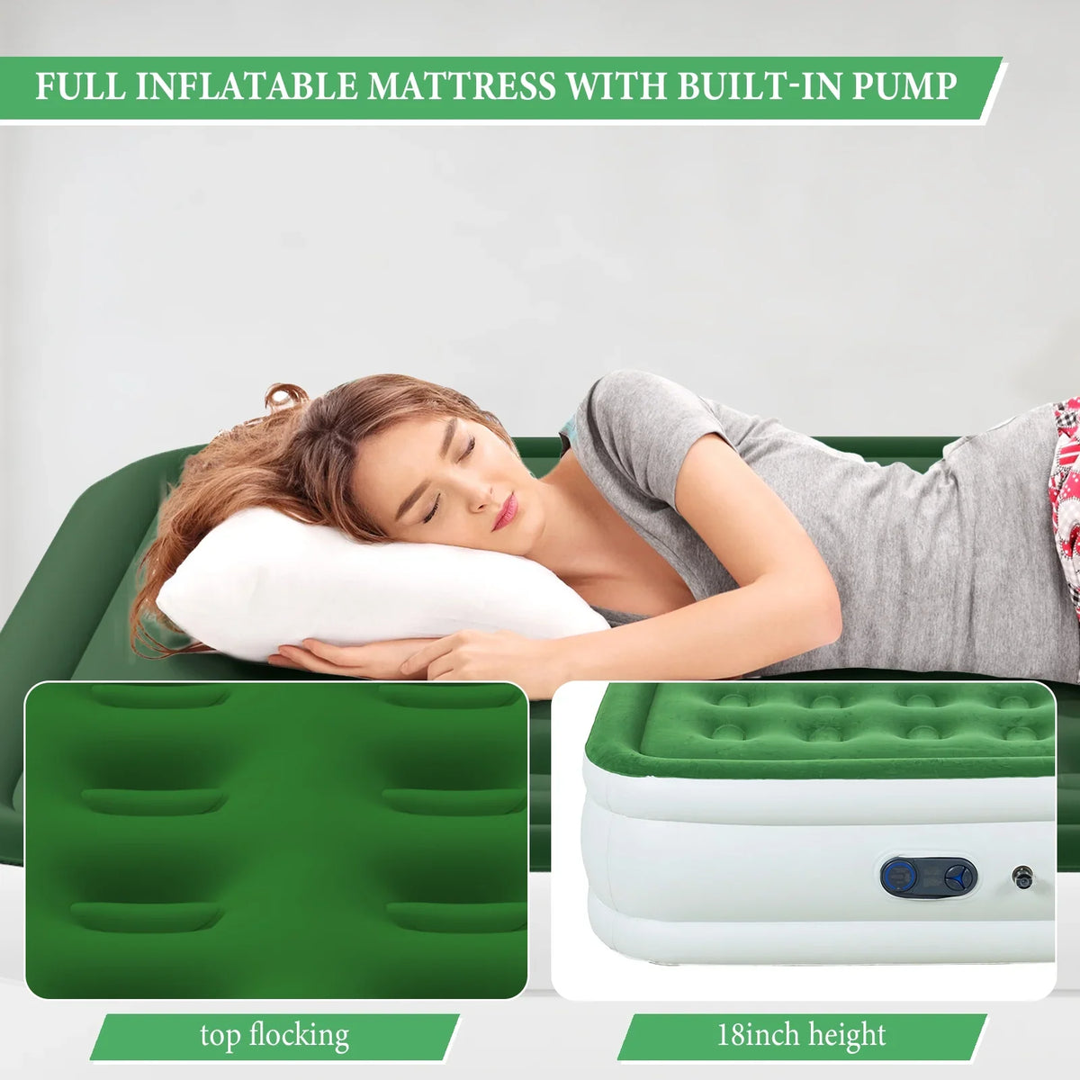 Full Size Air Mattress with Built in Pump,High Portable 18" Inflatable Mattress,Blow Up Mattress for Travel,Home and Guest(Parrot Green)