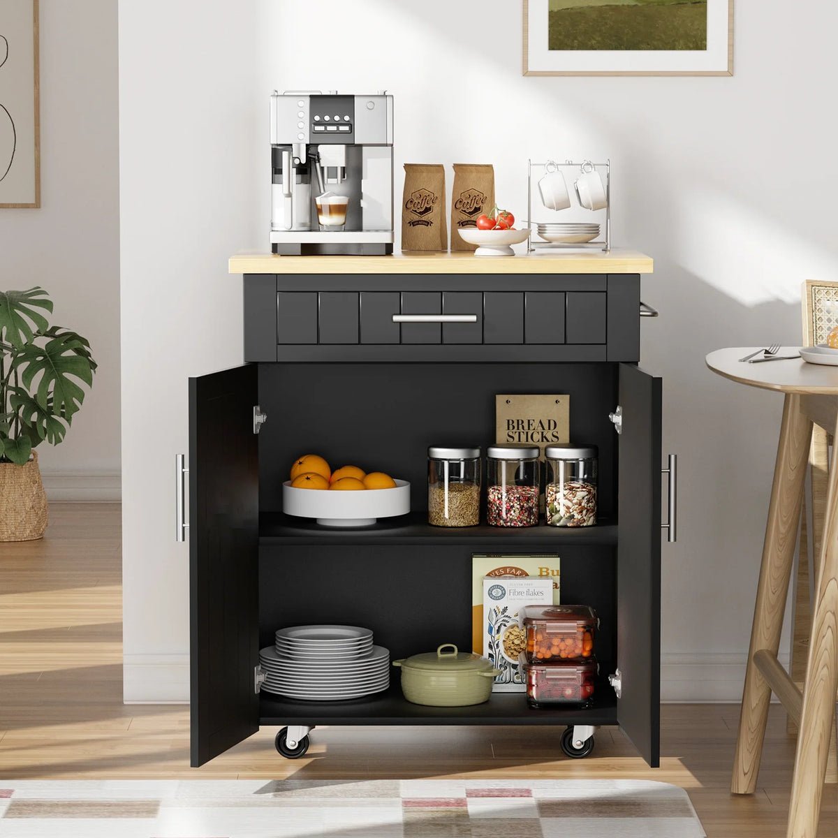 Walsunny Kitchen Island Table Stand with Storage on Wheels,Rolling Kitchen Cart Storage Cabinet with Drawer,White