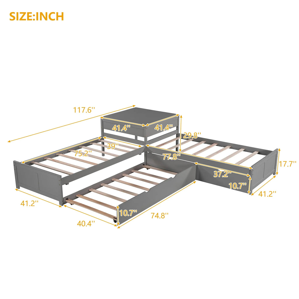 Euroco Wood Twin Size L-Shaped Platform Bed with Square Storage Table for Kids Teens, 2 Platform Beds with Trundle and Drawers for Living Room, 3 Twin Beds, Gray