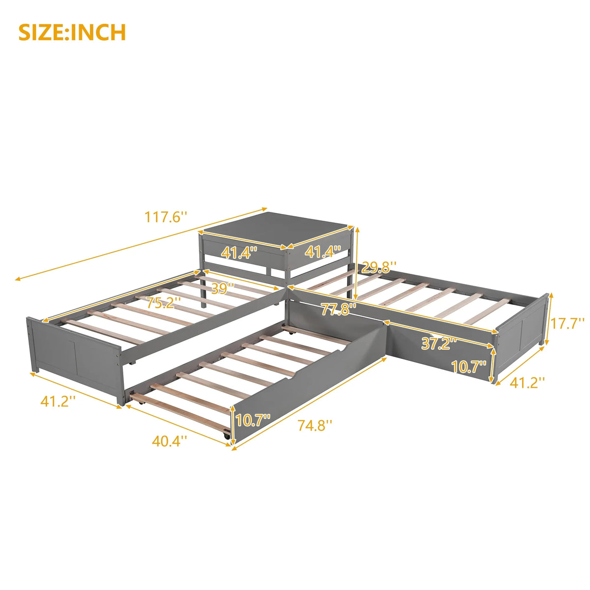 Euroco Wood Twin Size L-Shaped Platform Bed with Square Storage Table for Kids Teens, 2 Platform Beds with Trundle and Drawers for Living Room, 3 Twin Beds, Gray
