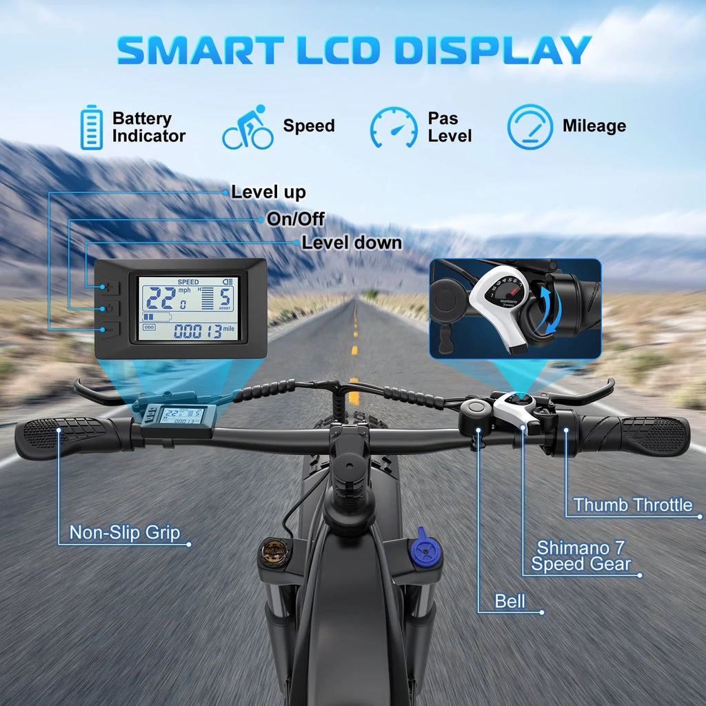 Gocio Electric Bike for Adults, 26" Fat Tire E-Mountain Bike, 1350W Peak Motor 48V 15Ah Battery, 22MPH 7-Speed Ebike for off Road, UL 2849