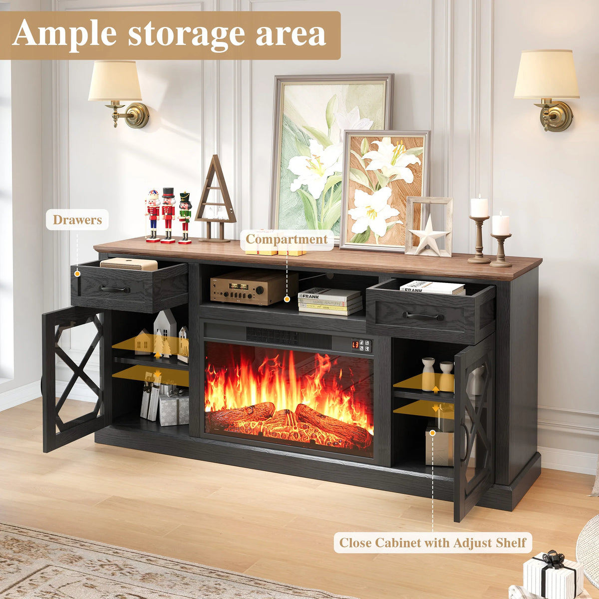 PAPROOS Fireplace TV Stand for 65 Inch TV, Modern Farmhouse TV Cabinet with 23'' Electric Fireplace, Entertainment Center Television Console Table for Living Room, Black+Brown