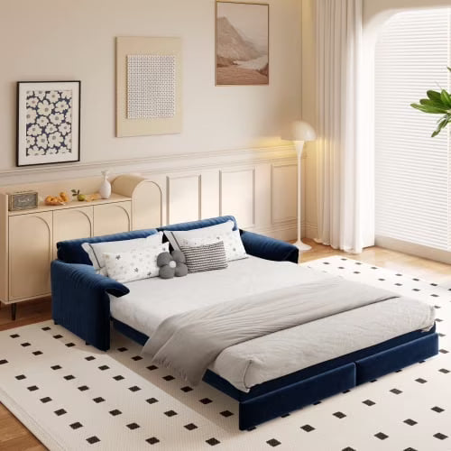 66" Queen Pull Out Sofa Bed, 3-in-1 Convertible Sleeper Sofa with Side Storage,Multi-Functional Velvet Loveseat Bed for Living Room,Bedroom