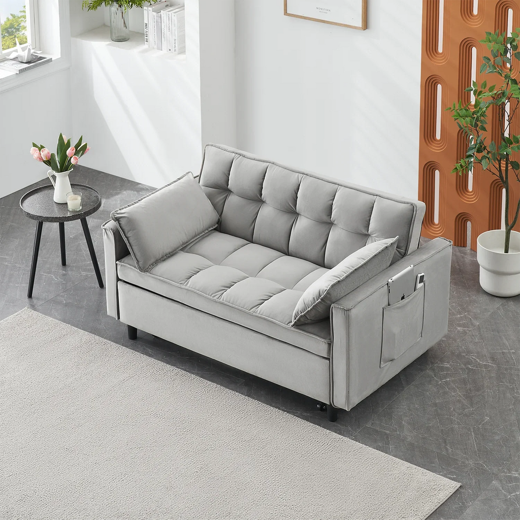 Adjustable Back Velvet Futon Sofa Bed, Modern Convertible Couples Sleeper with Side Pockets, Fold Down Couch for Living Room, Apartment,Blue