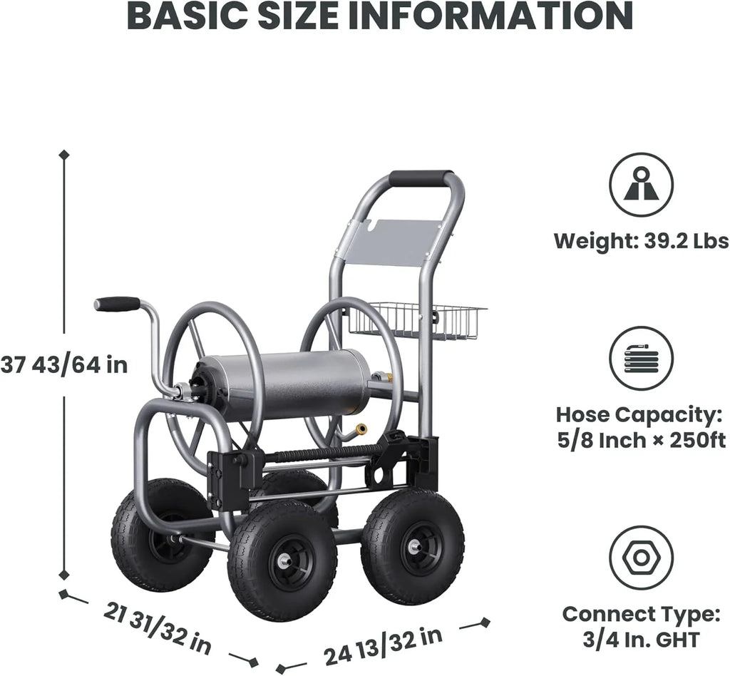 Giraffe Tools Heavy Duty Industrial Garden Hose Reel Cart with Wheels, 5/8in-250ft Hose Capacity