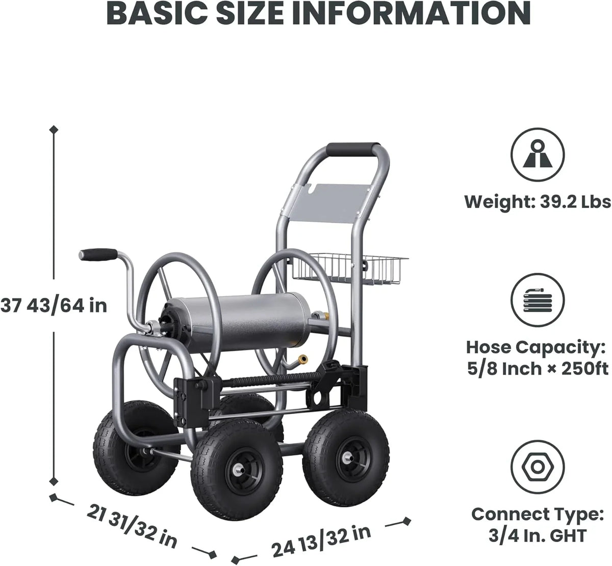 Giraffe Tools Heavy Duty Industrial Garden Hose Reel Cart with Wheels, 5/8in-250ft Hose Capacity
