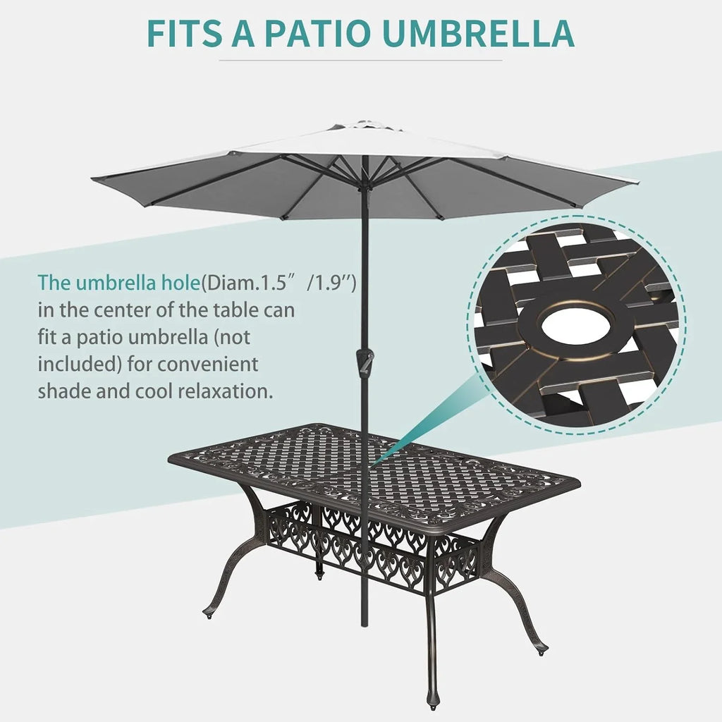 59.06" Cast Aluminum Outdoor Dining Table for 6� People, Rust-Resistant All-Weather Metal Patio Table with 2" Umbrella Hole, Heavy-Duty Garden Furniture for Deck, Backyard, Dark Bronze, Only Desk