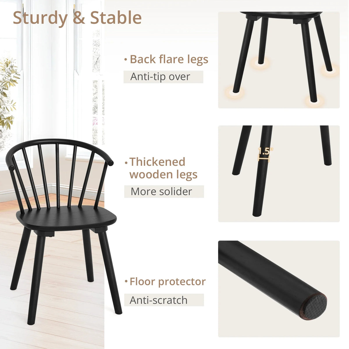 Dycanpo Dining Chairs Set of 4, Black Kitchen/Dining Room Wooden Chairs with Mid Century Modern,18''