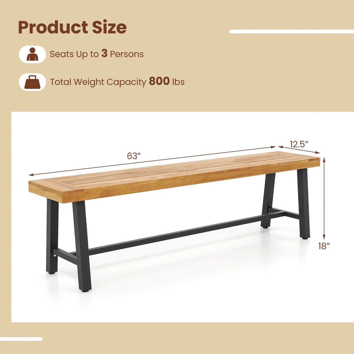 Costway 63" Long Outdoor Acacia Wood Bench Seats up to 3 Persons for Garden Porch