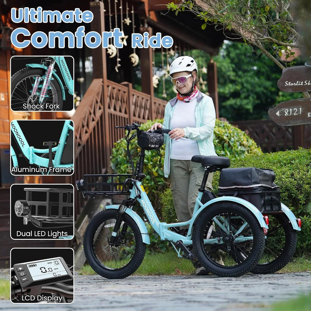 MOONCOOL TK1 Folding Electric Tricycle for Adults,48V 14.5Ah Removable battery, 500W"Peak 1000w"Motor, 20" Fat Tire Step-Thru 3Wheel Electric Bicycle w/Front&Rear Baskets, Certified to UL 2849 by SGS