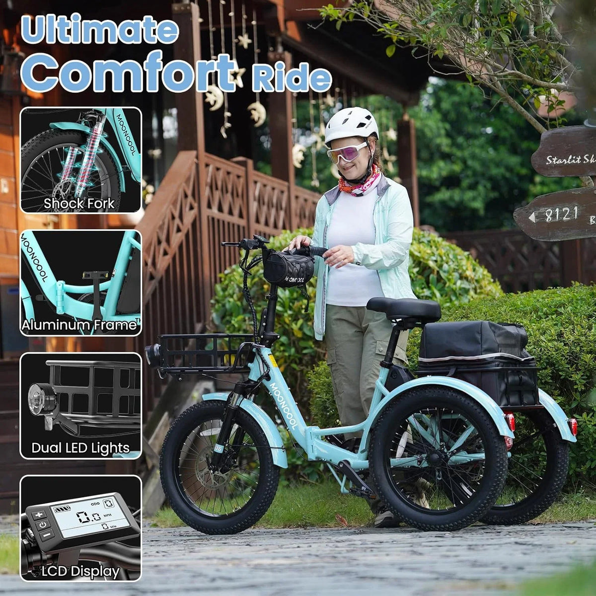 MOONCOOL TK1 Folding Electric Tricycle for Adults,48V 14.5Ah Removable battery, 500W"Peak 1000w"Motor, 20" Fat Tire Step-Thru 3Wheel Electric Bicycle w/Front&Rear Baskets, Certified to UL 2849 by SGS