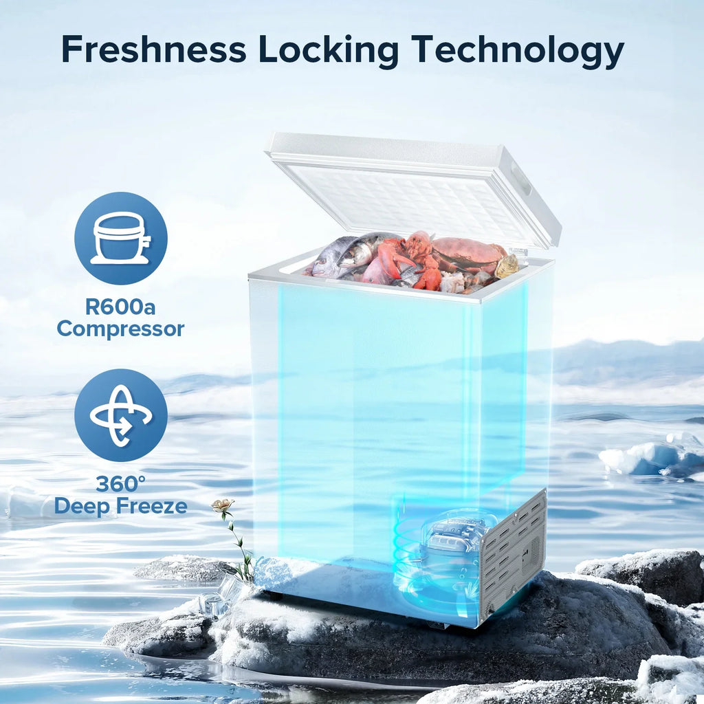 Auseo Mini Freezer Chest 3.5 cu ft, Black Deep Freezer & Side Handle, Compact Freezer with 7 Gear Adjustable Temperature, Removable Storage Basket*2, Energy Saving