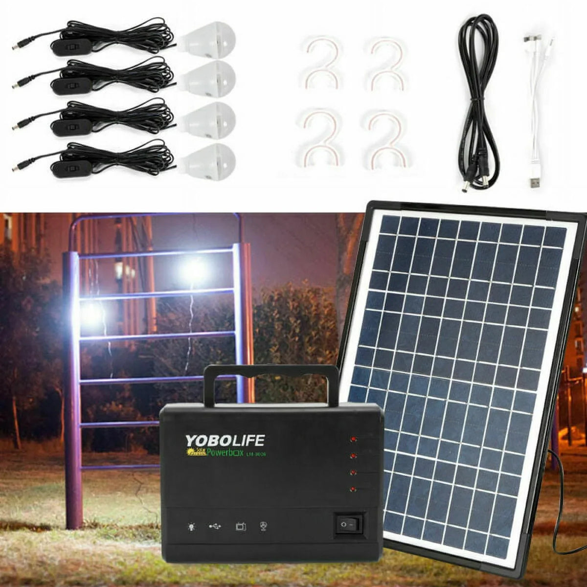 Portable Solar Panel Power Generator Kit Battery Pack Power Station + 4 Bulb