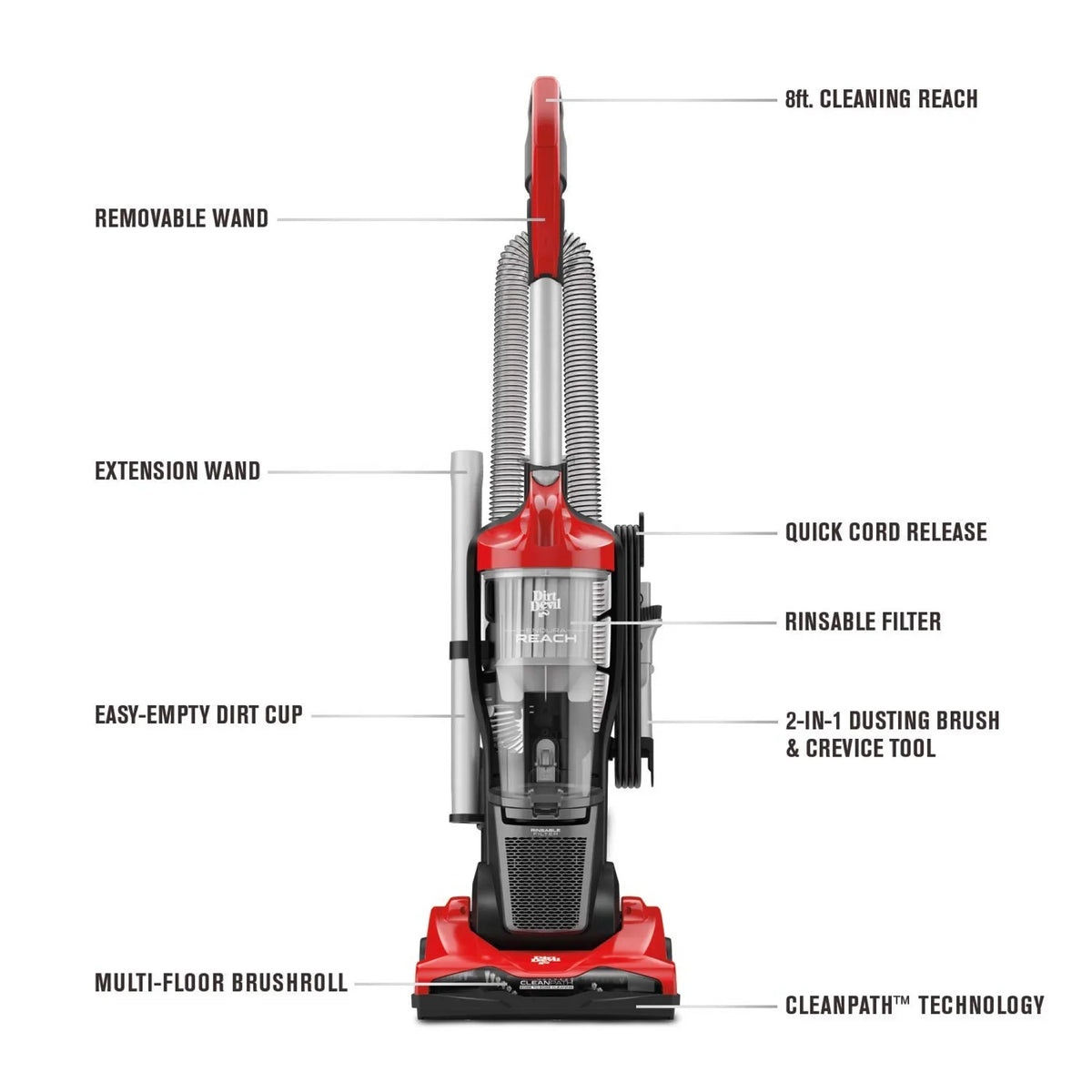 Dirt Devil Endura Reach Upright Bagless Vacuum Cleaner for Carpet and Hard Floor, Lightweight, Corded, UD20124, Red