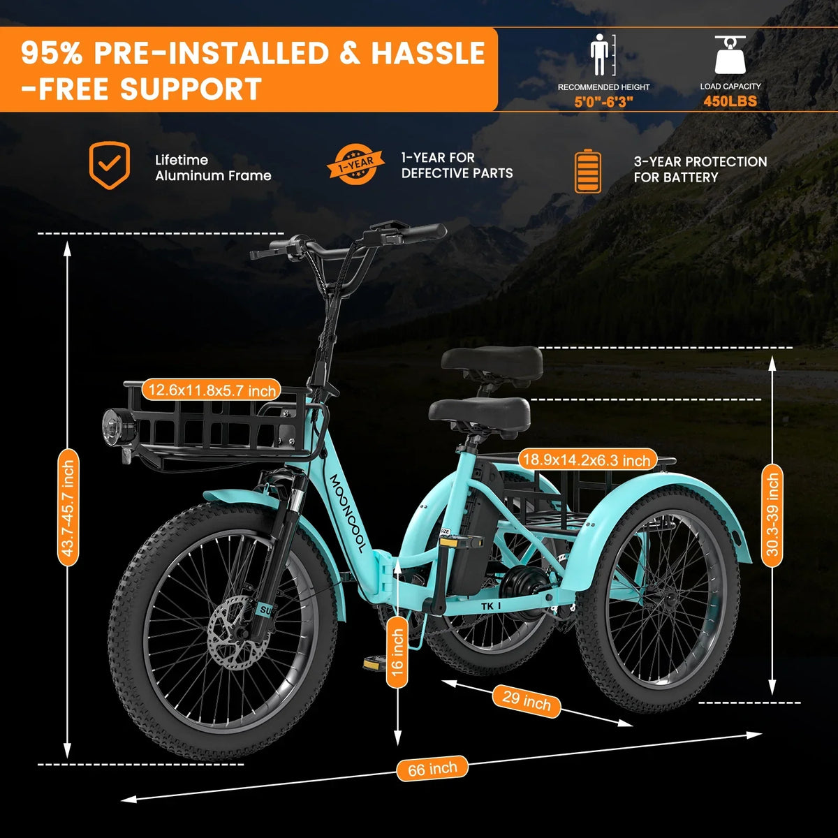 MOONCOOL TK1 Folding Electric Tricycle for Adults,48V 14.5Ah Removable battery, 500W"Peak 1000w"Motor, 20" Fat Tire Step-Thru 3Wheel Electric Bicycle w/Front&Rear Baskets, Certified to UL 2849 by SGS