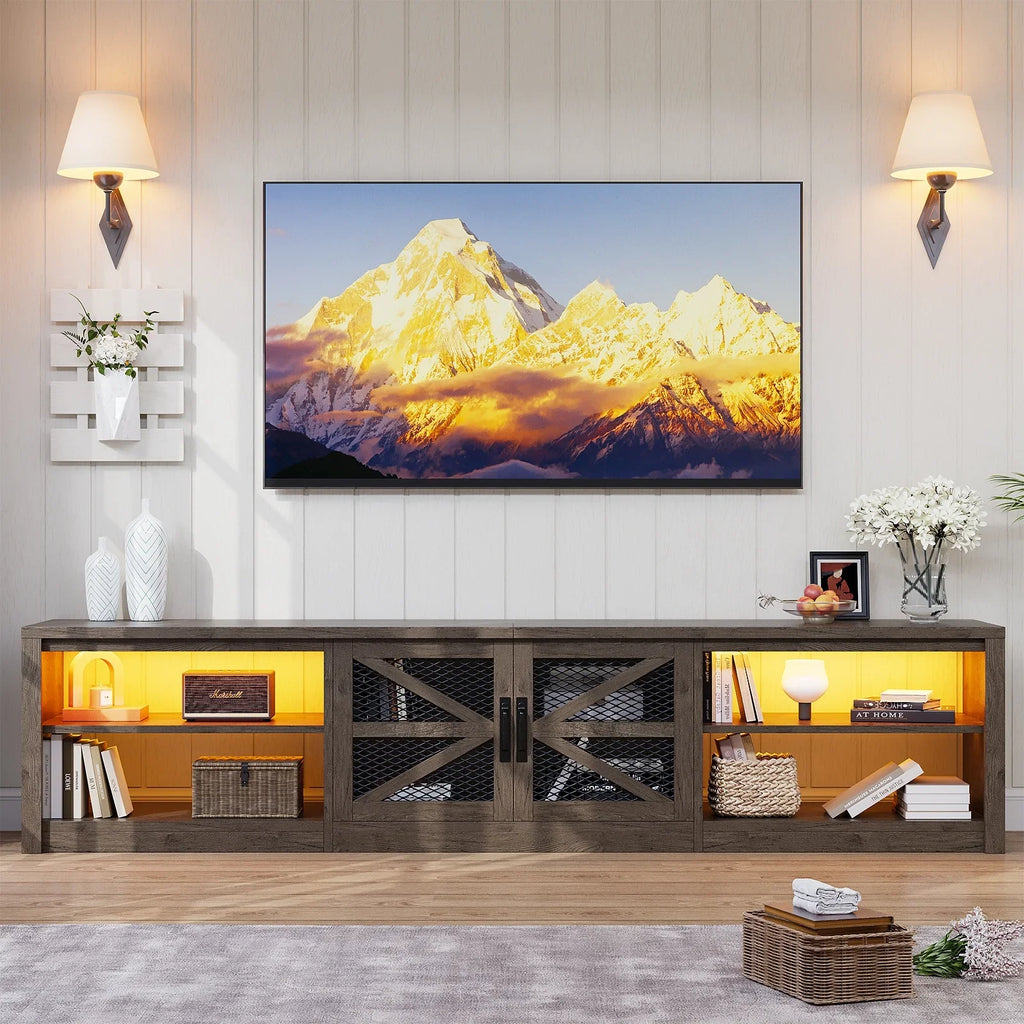 Planntonneo Mid-Century Modern Fluted TV Stand Wooden Media Console Entertainment Center for Living Room, Walnut Color