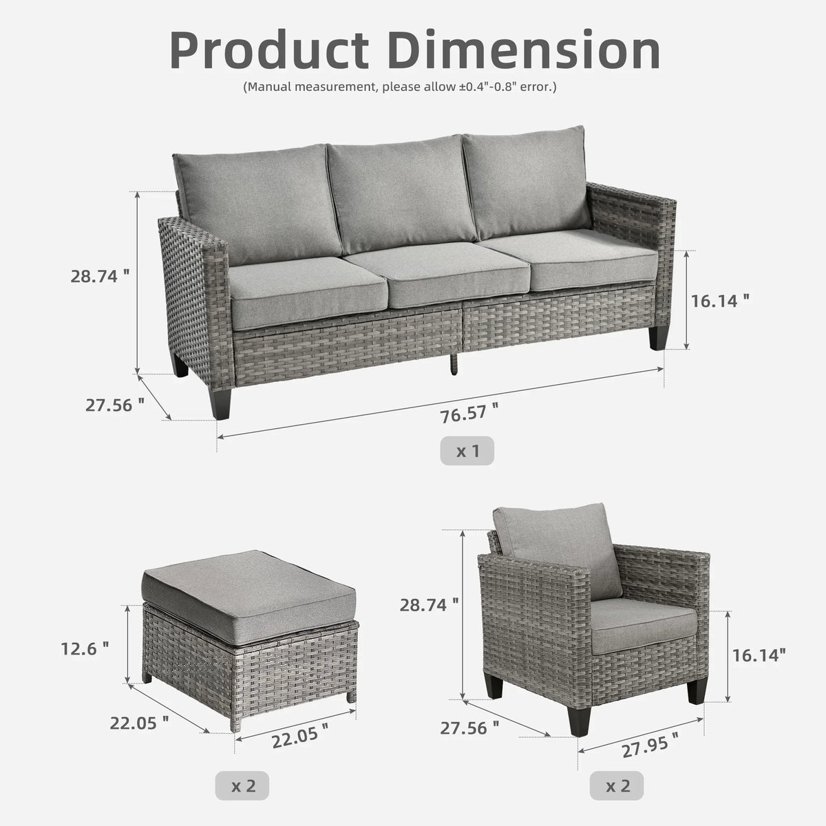 Ovios 5 Pieces Outdoor Patio Furniture Set Wicker Rattan Outdoor Conversation Comfortable Sectional Sofa with Steel Frame, Grey