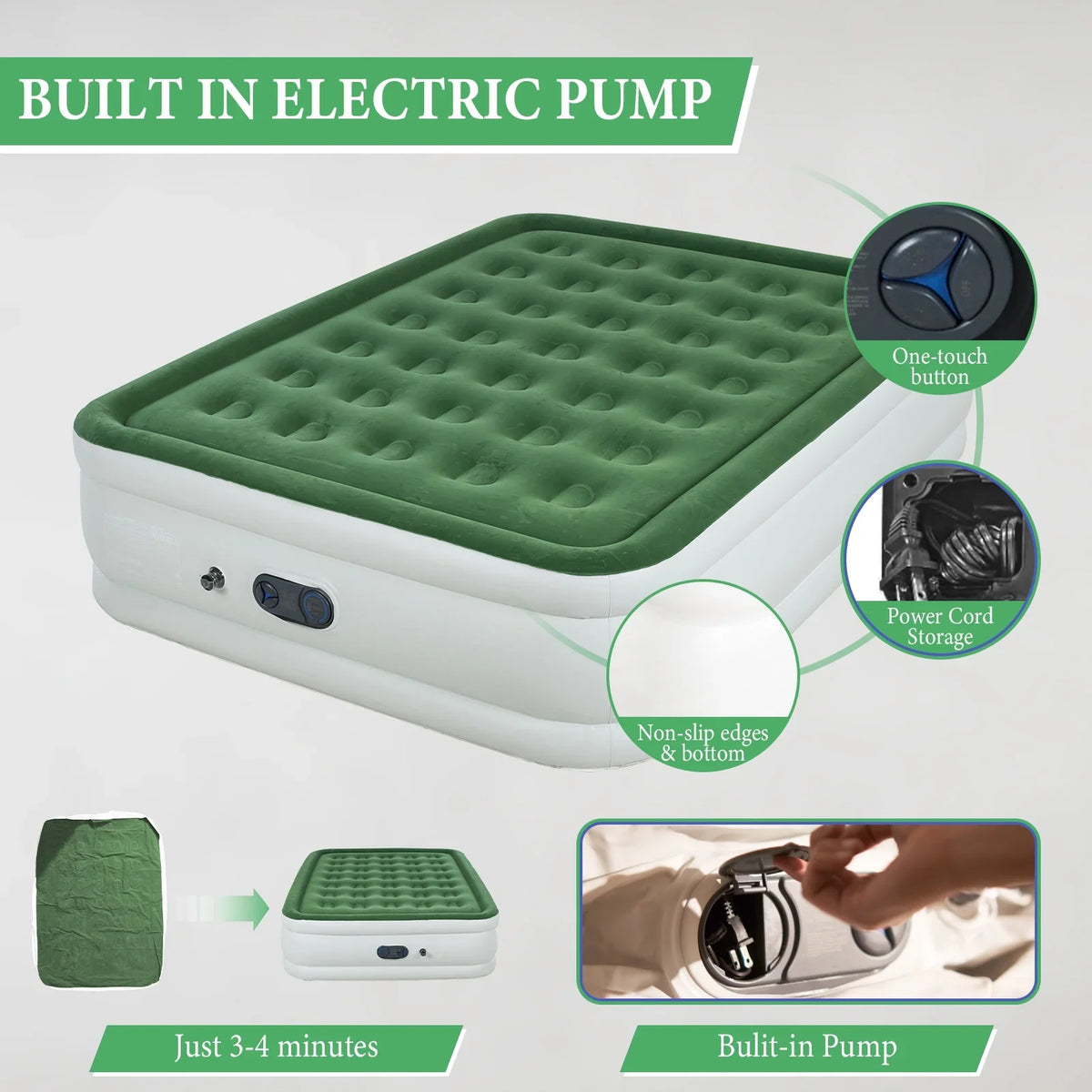Full Size Air Mattress with Built in Pump,High Portable 18" Inflatable Mattress,Blow Up Mattress for Travel,Home and Guest(Parrot Green)