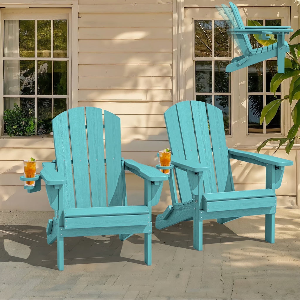 SERWALL Outdoor Adjustable Folding HDPE Adirondack Chairs Set of 2 with Cup Holder, Gray