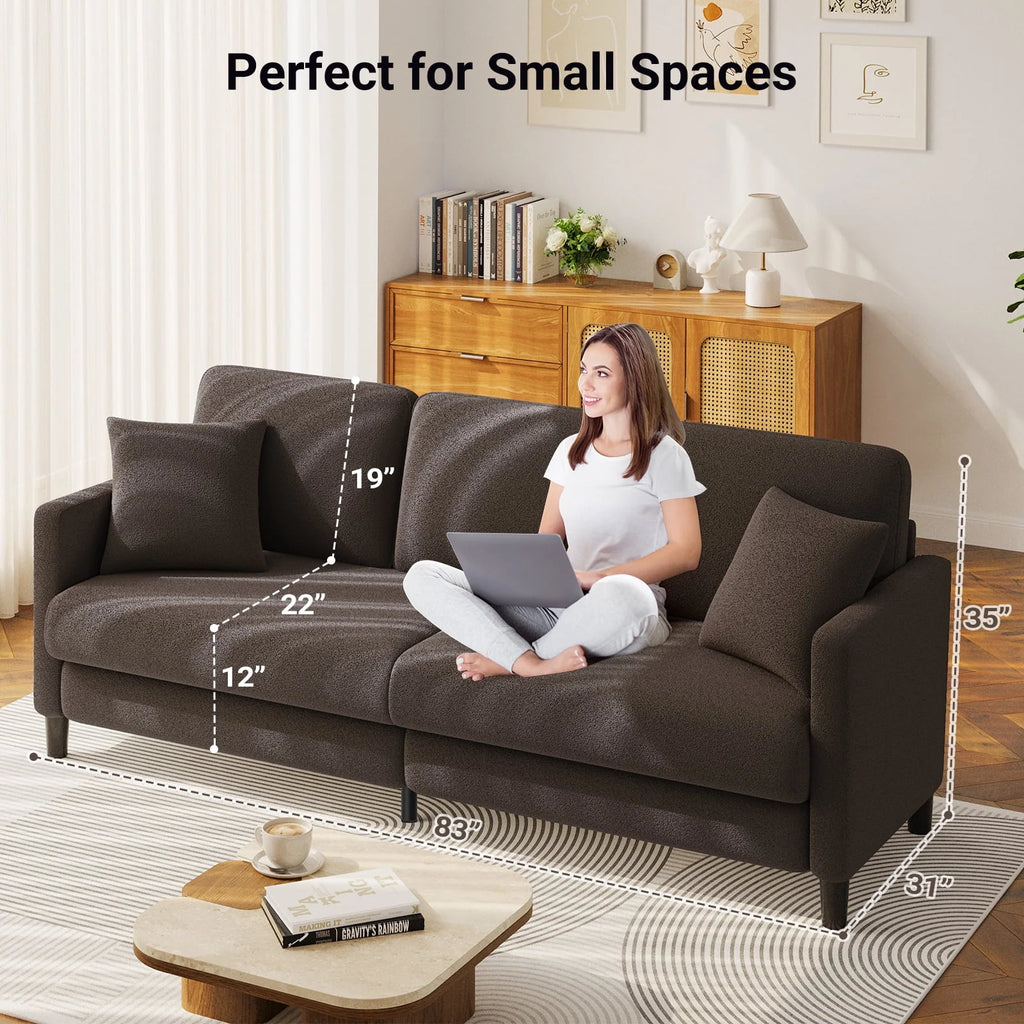 83" Comfortable Upholstered Sofa, 3 Seater Couch for Living Room, Neche Big Loveseat with Extra Deep Seats, 2 Pillows, Beige White