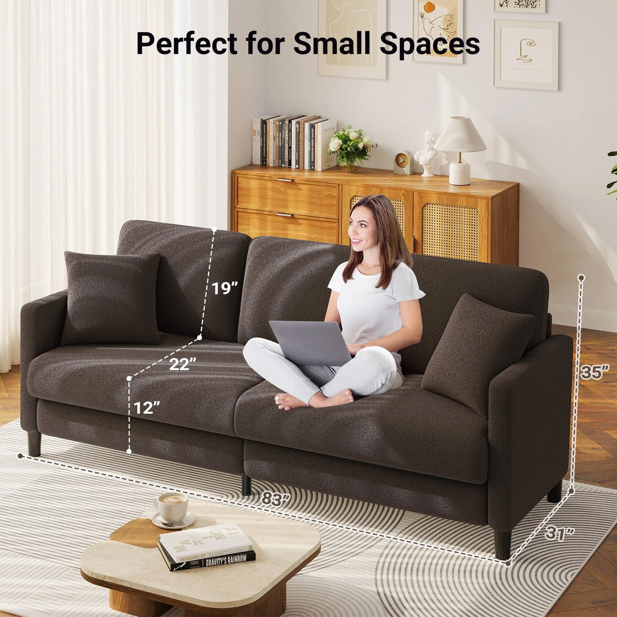 83" Comfortable Upholstered Sofa, 3 Seater Couch for Living Room, Neche Big Loveseat with Extra Deep Seats, 2 Pillows, Beige White