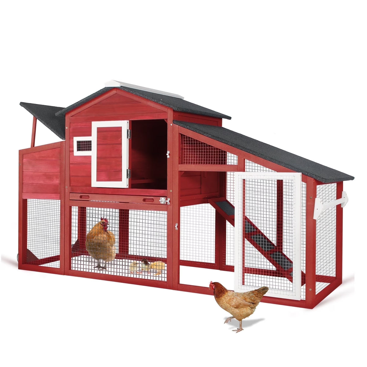 PETSCOSSET Chicken Coop with Run Large Wooden Chicken Tractor with Wheels Waterproof Outdoor Hen House Poultry Cage, Gray