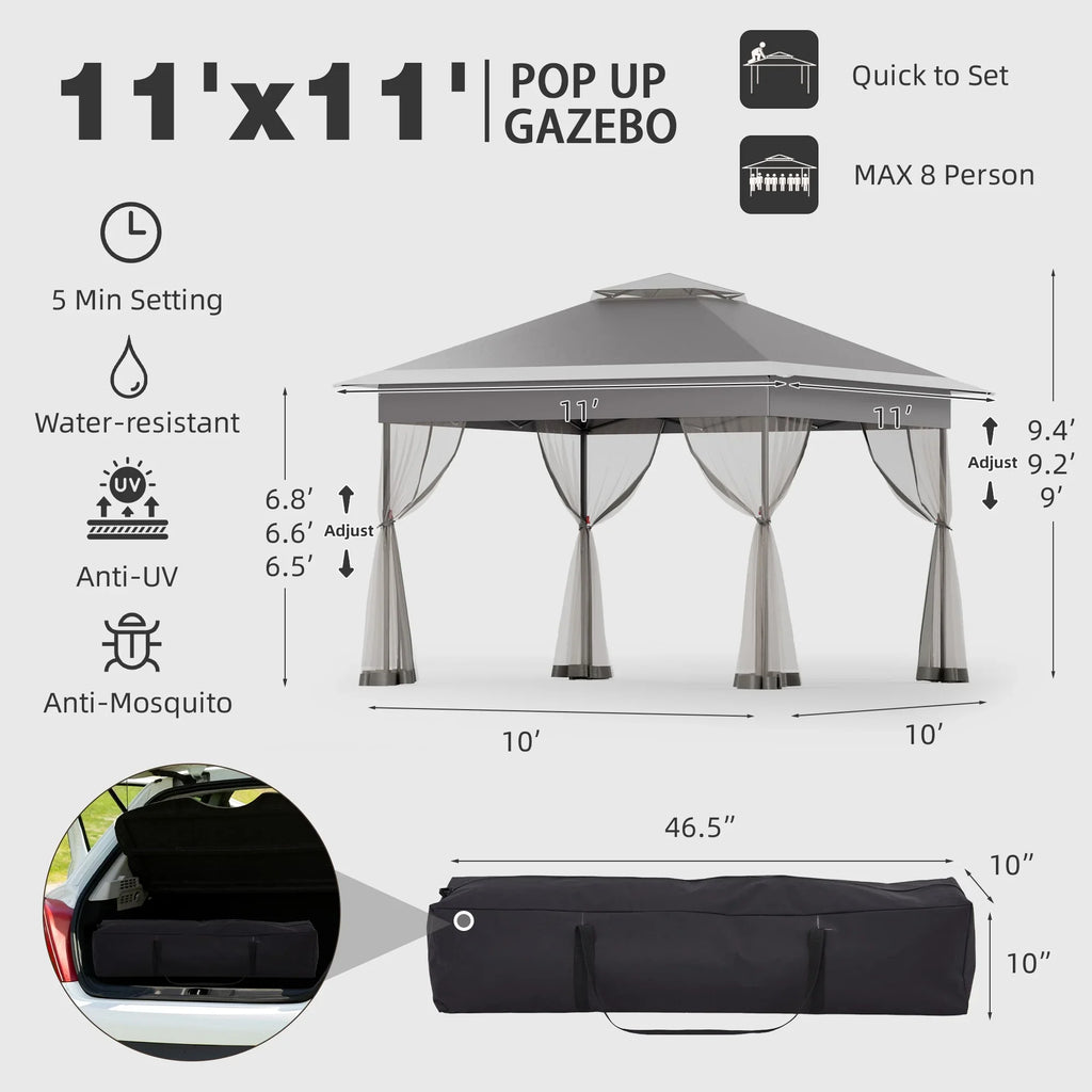 Bezseller 11x11 Pop up Gazebo, Outdoor Waterproof Canopy Tent with Mosquito Netting for Outdoors, Khaki