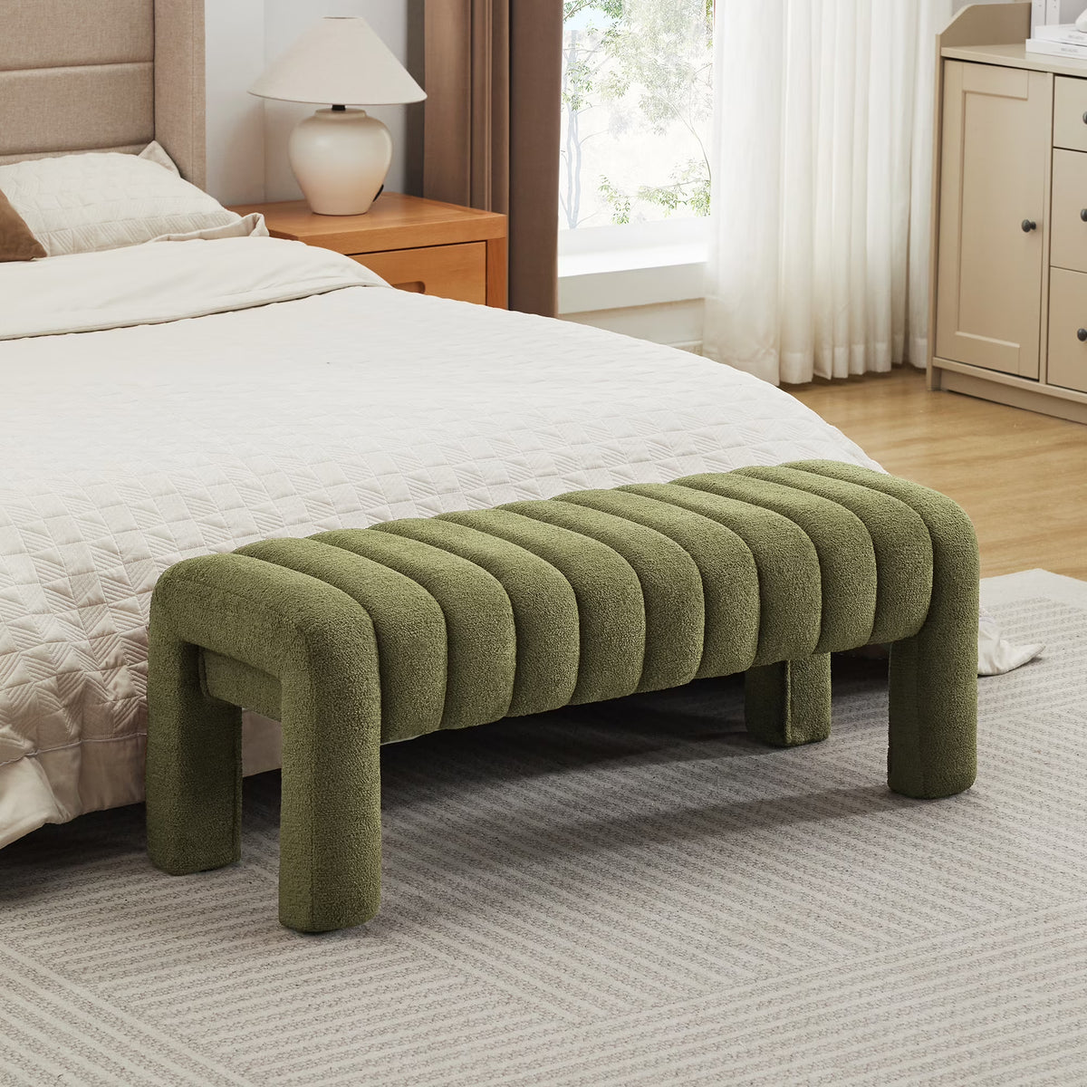 Zesthouse 63" End of Bed Bench, Linen Tufted Upholstered Ottoman Bench with Padded Seat and Solid Wood Leg, Modern Entryway Bench for Bedroom, Living Room, Beige