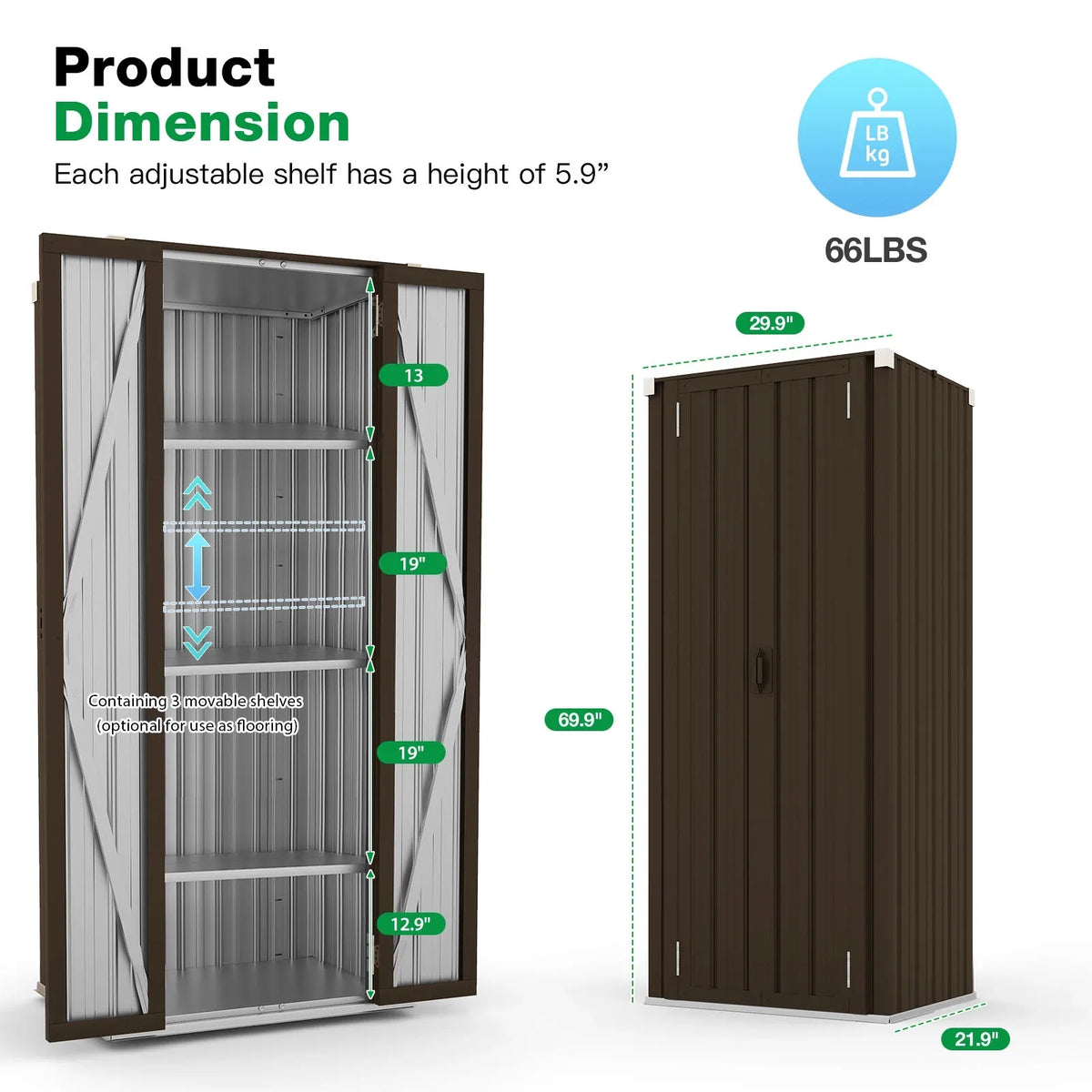 AECOJOY Outdoor Storage Cabinet Waterproof with Adjustable Shelves, Lockable Metal Outdoor Garden Storage Sheds Organizer in Brown, Versatile for Garage, Backyard, or Indoor Use
