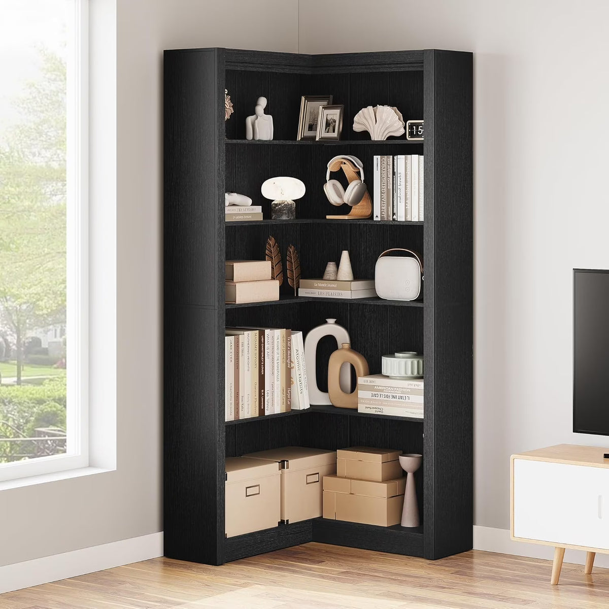 Studyset Corner Bookshelf Farmhouse Corner Bookcase 71.8'' Tall Bookcase, L-Shaped Large Display Shelf 5 Tier L-Shaped Bookshelf Large Shelf w/Anti-Tipping Kit, Bookcases with Storage Heavy Duty