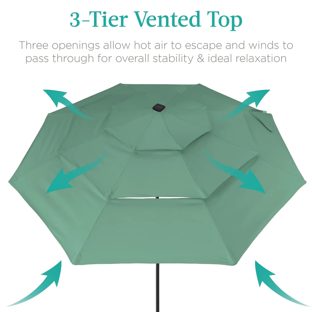 Best Choice Products 10ft 3-Tier Solar Patio Umbrella w/ 24 LED Lights, Tilt Adjustment, Easy Crank - Tan