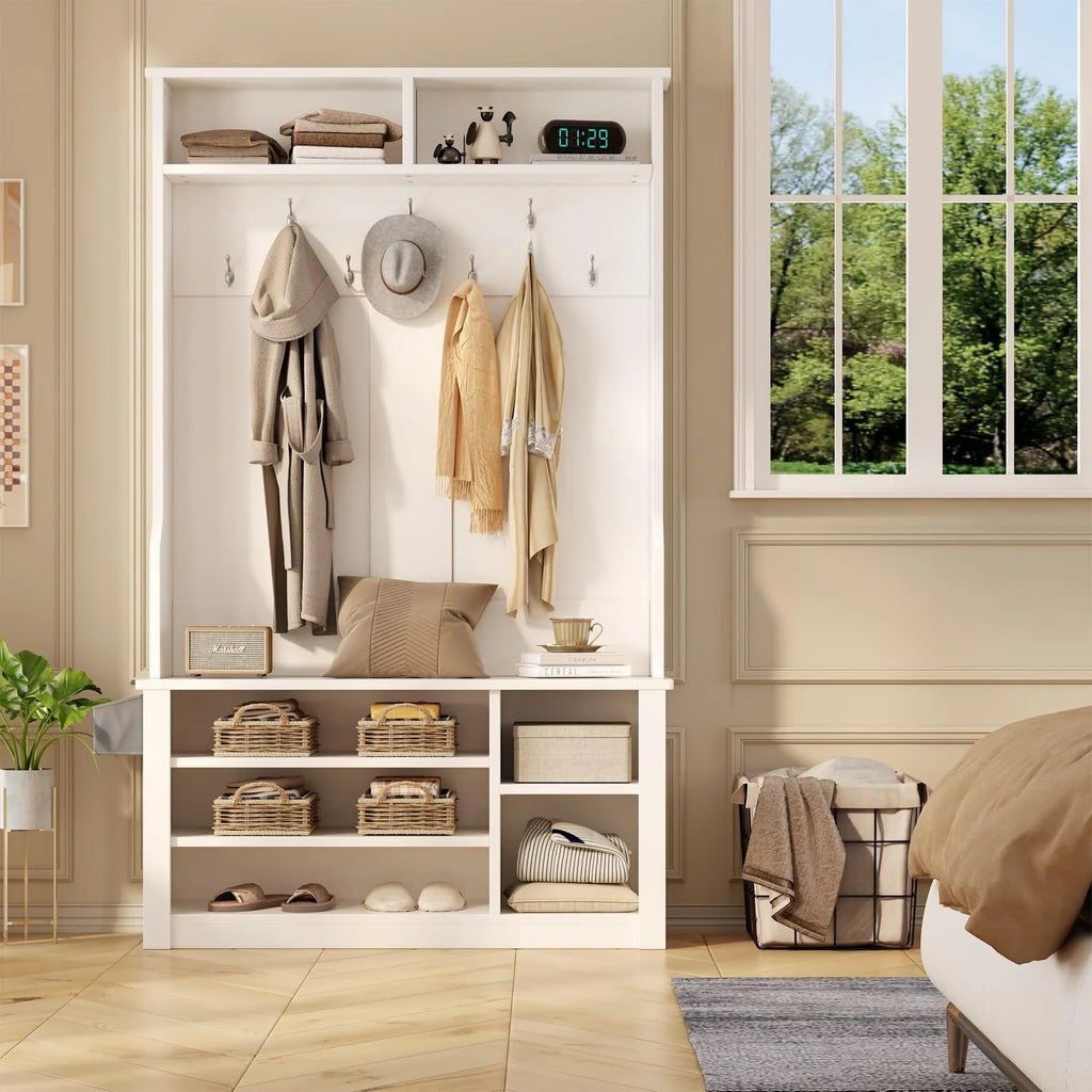 Lofka 5-in-1 Hall Tree with Bench and Shoe Storage, Entryway Hall Tree with Coat Rack, Adjustable Shoe Storage, 2-tier top storage,White