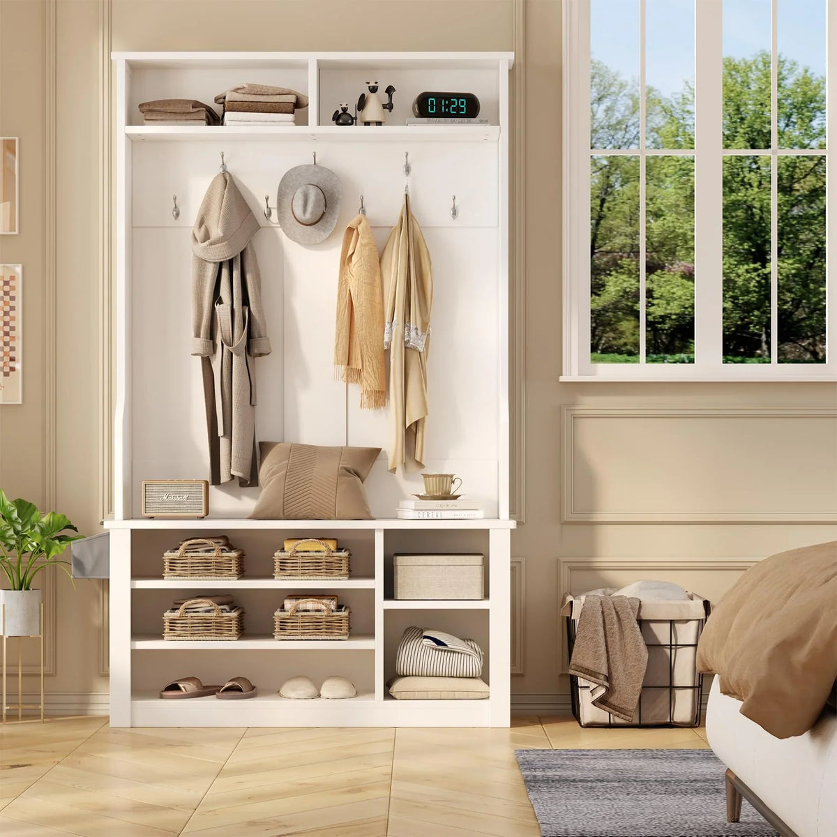Lofka 5-in-1 Hall Tree with Bench and Shoe Storage, Entryway Hall Tree with Coat Rack, Adjustable Shoe Storage, 2-tier top storage,White