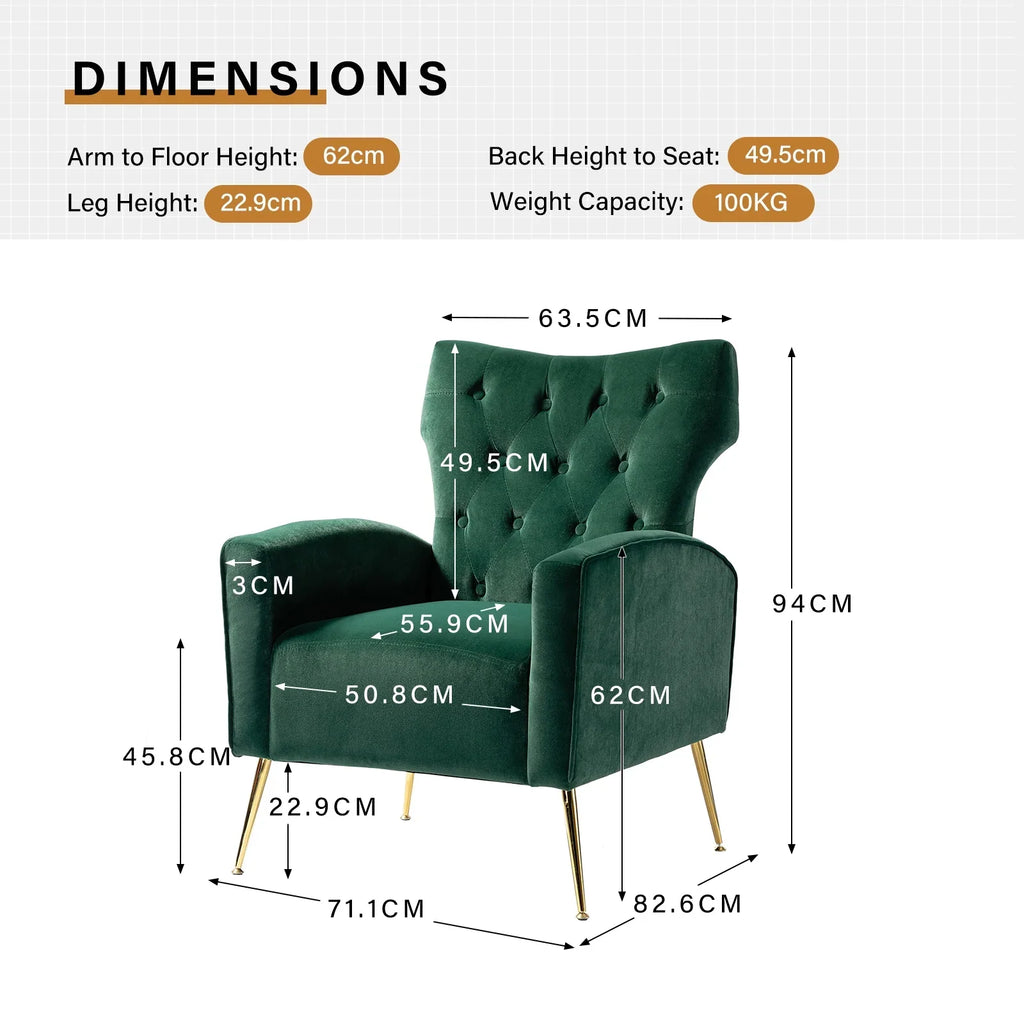 Modern Velvet Accent Chair Upholstered Sofa Armchair Button Tufted Metal Legs Adult Bedroom Home Living Room Grey