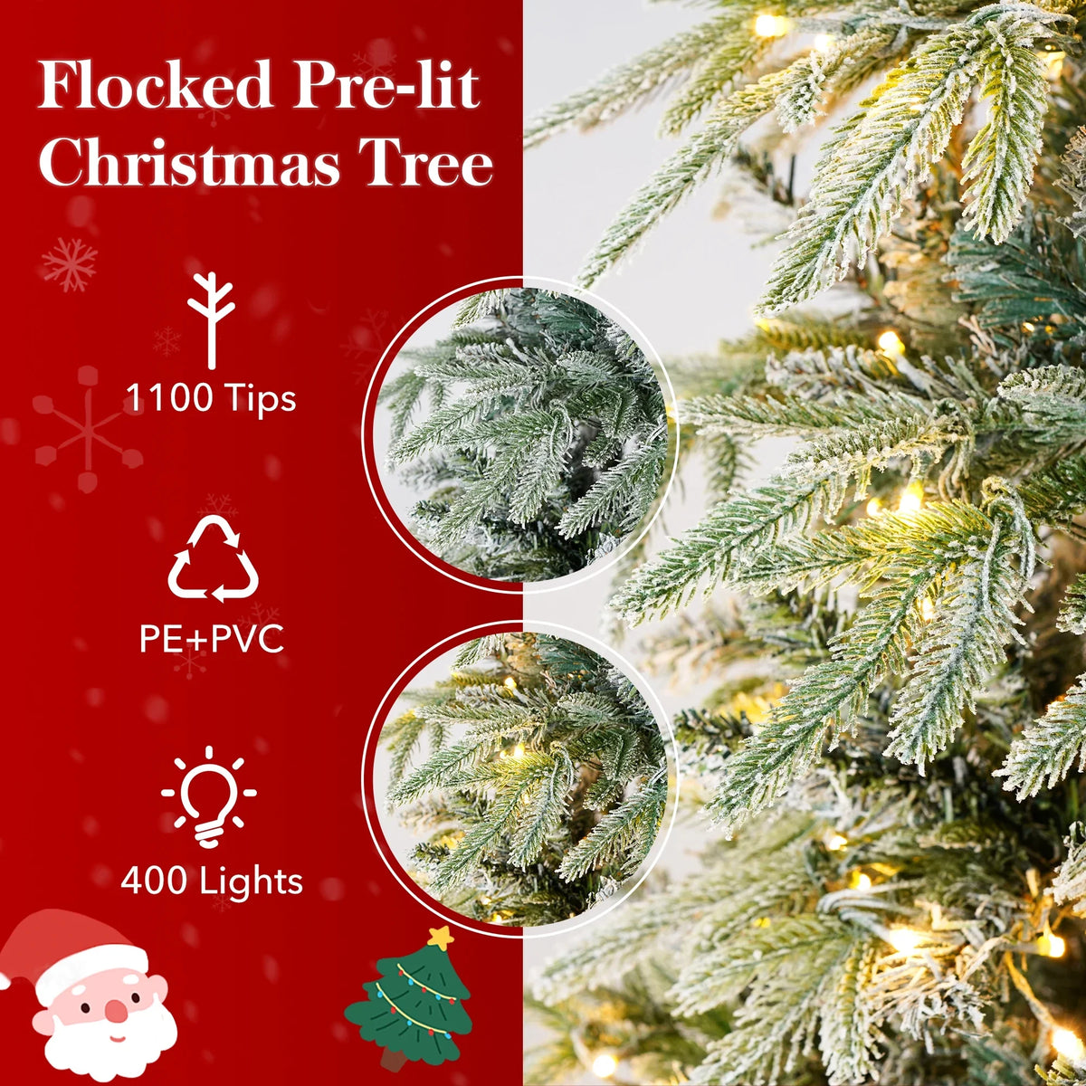 Qunler 9ft Snow Flocked Christmas Tree with 2028 Tips, Artificial Snowy Xmas Pine Tree with Reinforced Metal Base for Home Office Party Holiday Decorations,White(NO Light)