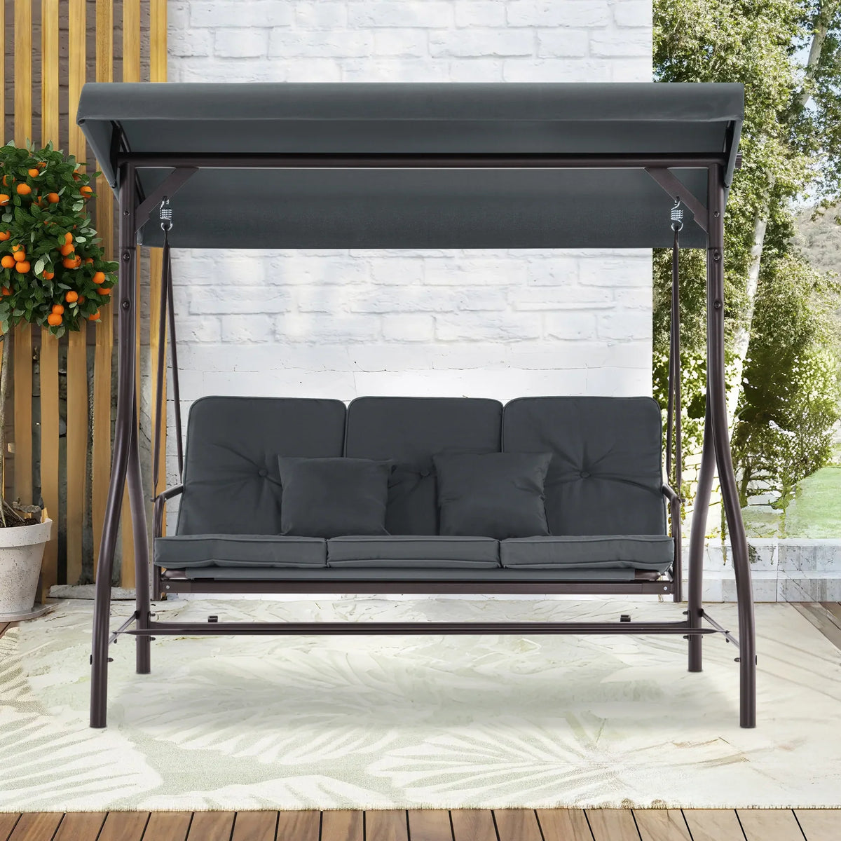MCombo 3-Seat Outdoor Patio Swing Chair Cushioned with Adjustable Backrest and Canopy, Pillow, Brown