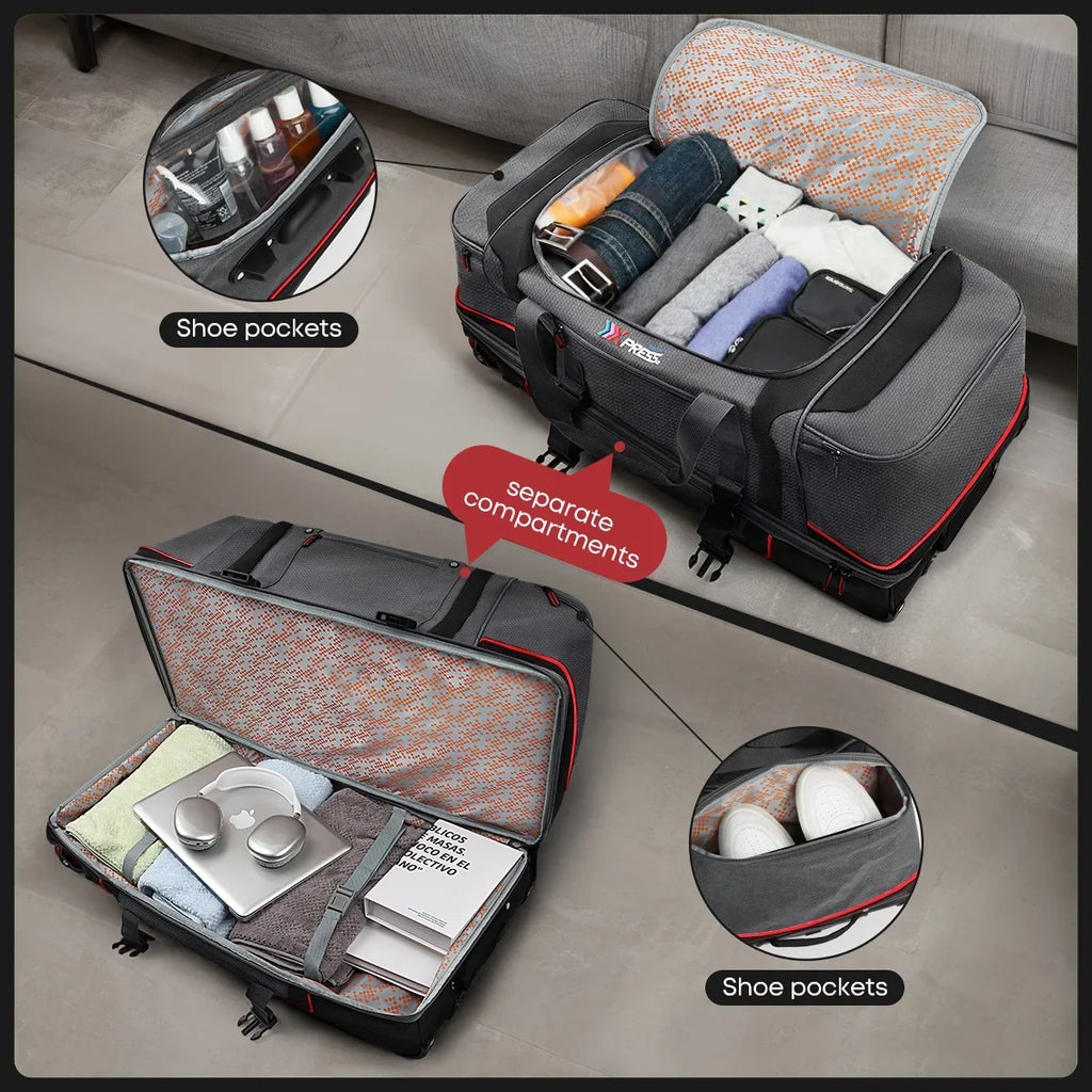 Rolling Duffle Bag with Drop Bottom,Large Wheeled Duffle Bag Luggage,Trolly Travel Bag with Roller 30 Inch,TBL074-Grey/Red