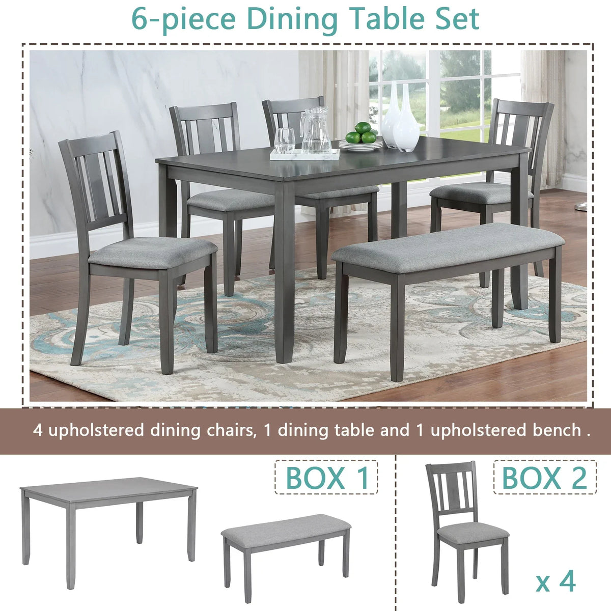 Dining Room Set, LEGAHOME 6 Piece Dining Sets with Bench and Chairs, Solid Wood Kitchen Dining Table Set for 6 with Upholstered Chairs, Gray