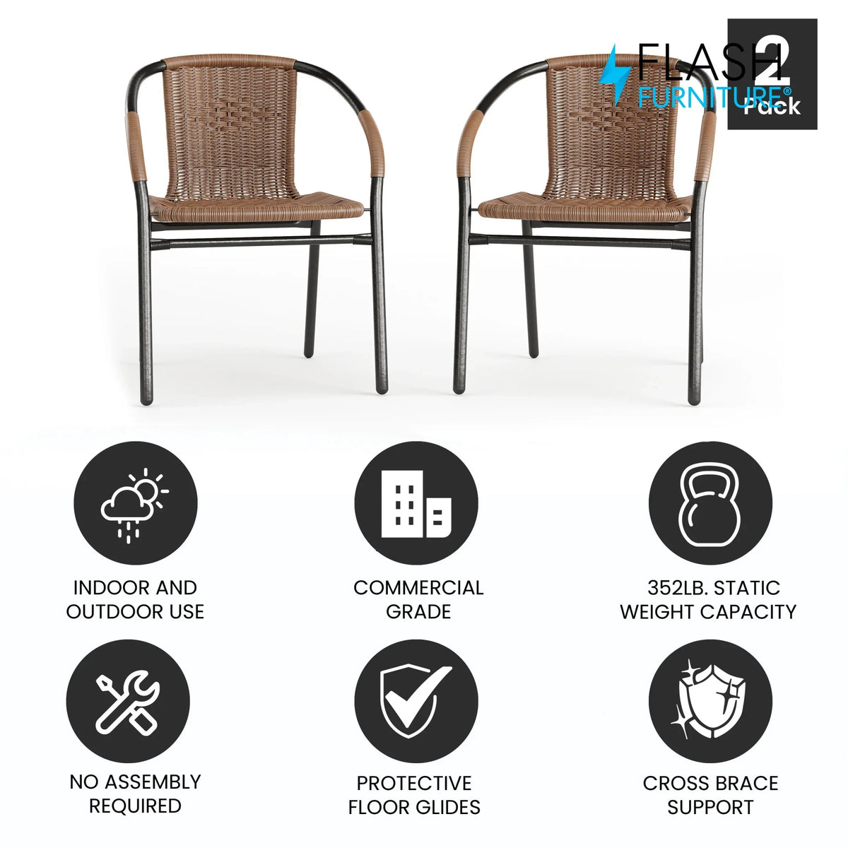 Flash Furniture Lila Indoor/Outdoor Stacking Rattan Patio Chairs, Set of 2, Beige