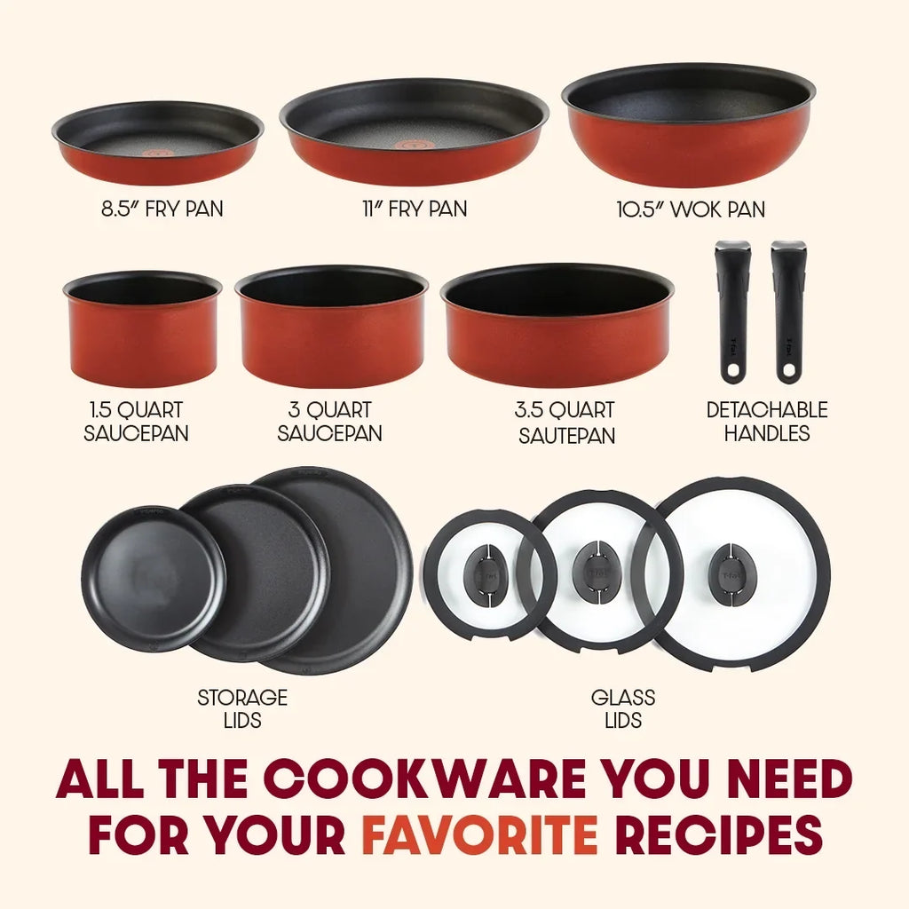 T-fal Ingenio Expertise Nonstick 14-Piece Cookware Set, Induction Oven Safe up to 500F, Detachable Handle, Onyx Black