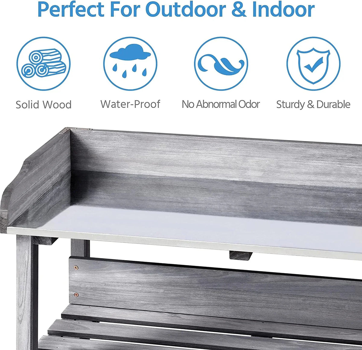 Garden Potting Table Horticulture Potting Bench w/Storage Shelf W/Metal Tabletop w/Hook 3 Shelves Workstation Work Benches Station, Gray