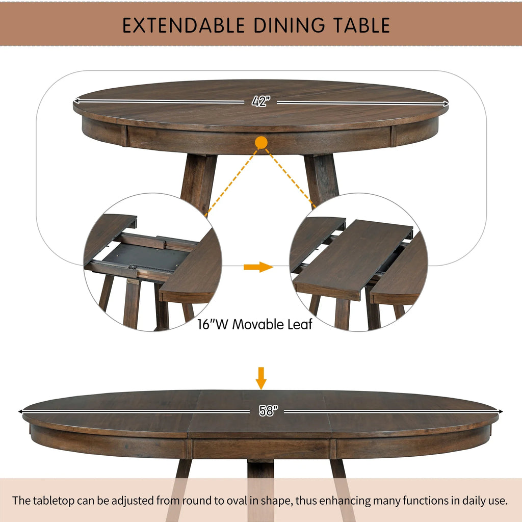 Harper & Bright Designs Round Extendable Dining Table Set for 4, 5 Piece Farmhouse Wood Dining Table Set with 4 Upholstered Dining Chairs, Natural Wood Wash