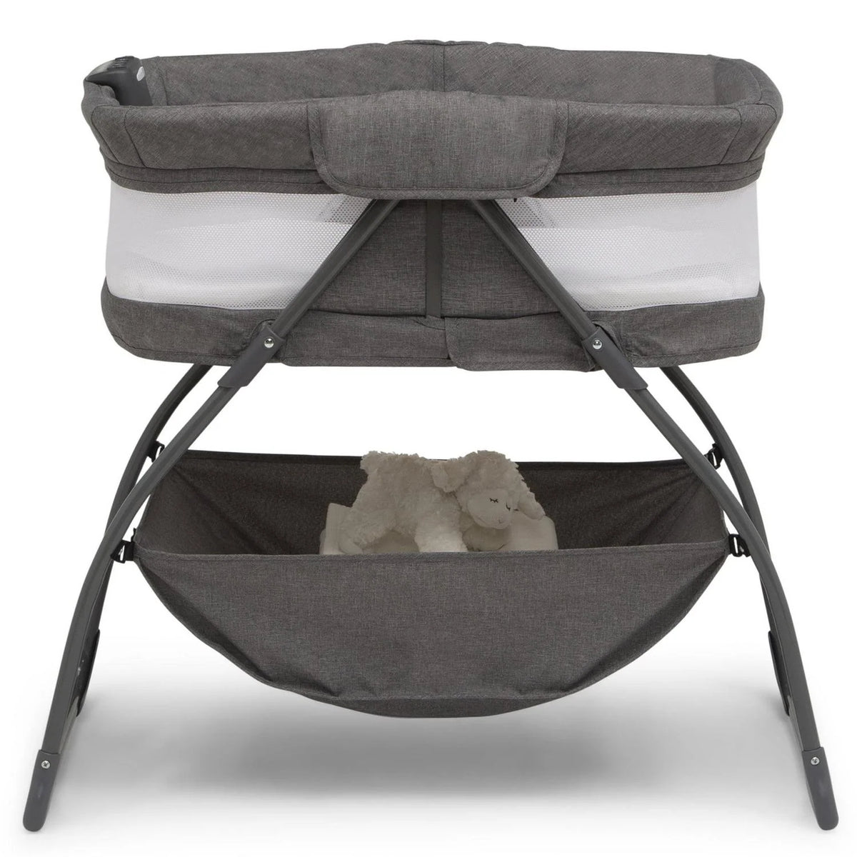 Delta Children TravelMate Compact Fold Bassinet - Features Lights. Sounds and Vibration. Grey Tweed