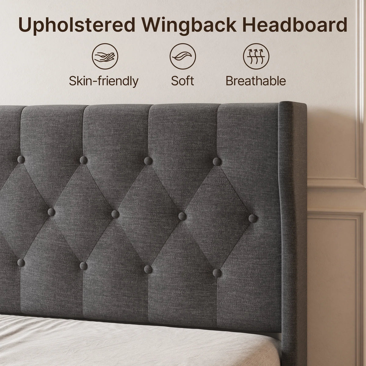 Full Size Bed Frame with Headboard, Under-Bed Storage, 850lbs, Beige