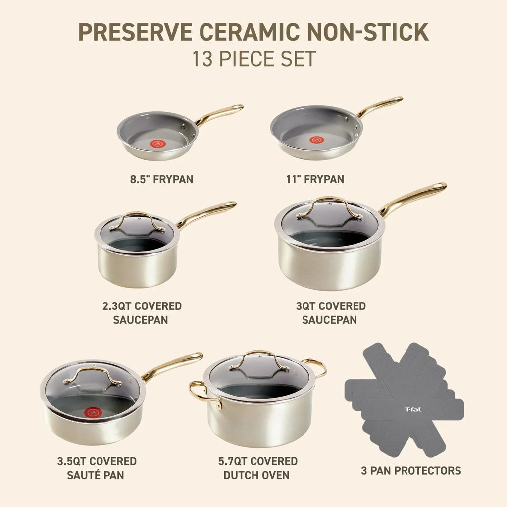 T-fal Preserve Ceramic Non-Stick Cookware, 13 Piece Pots and Pans Set, Champagne