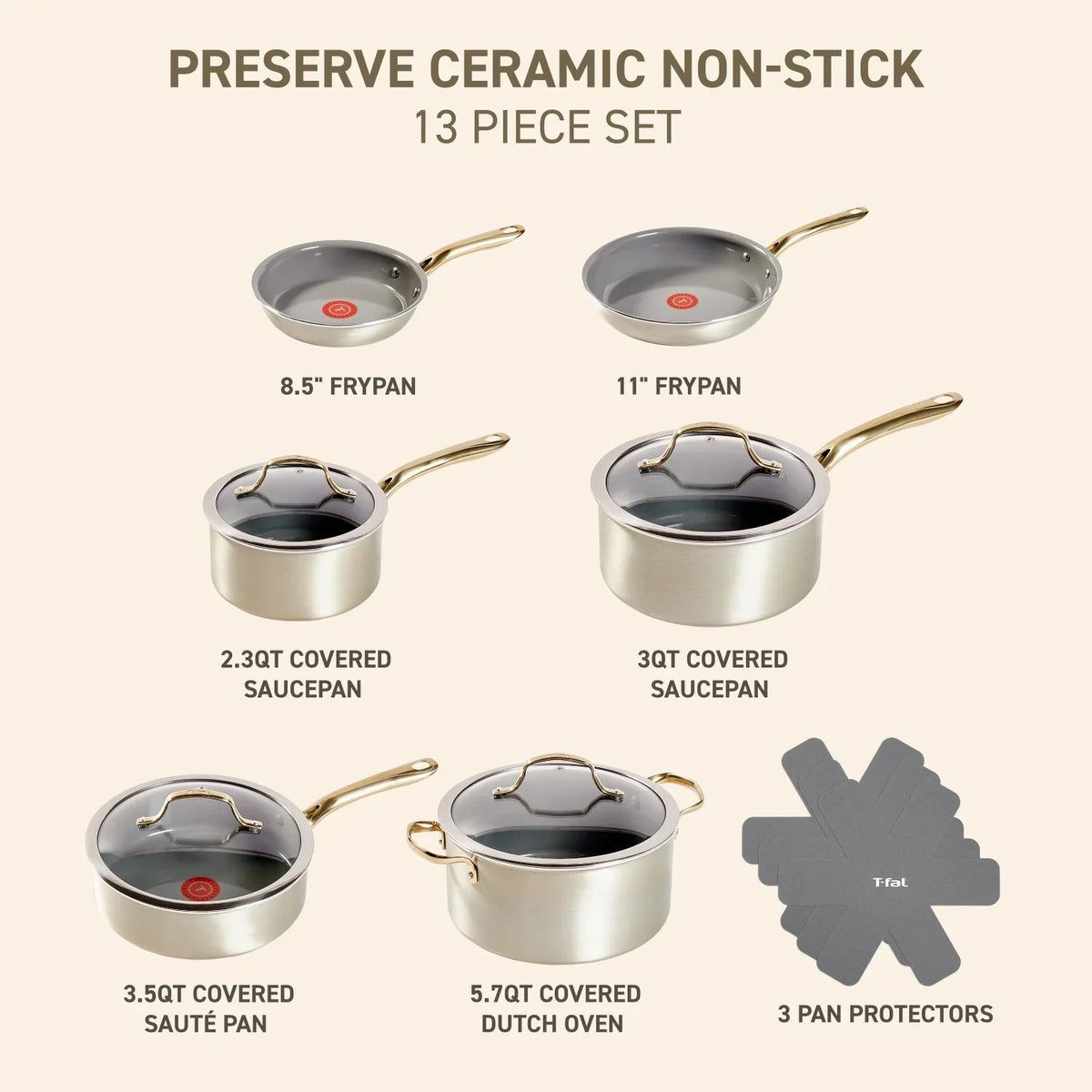 T-fal Preserve Ceramic Non-Stick Cookware, 13 Piece Pots and Pans Set, Champagne