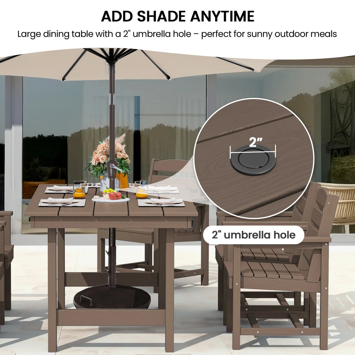 KINGYES 7-Piece Outdoor Dining Set, HDPE Patio Table and Chairs with Umbrella Hole, Gray