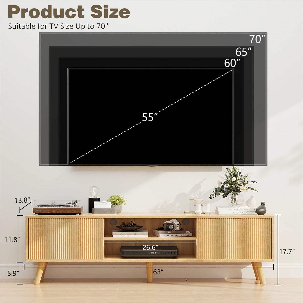 Planntonneo Mid-Century Modern Fluted TV Stand Wooden Media Console Entertainment Center for Living Room, Walnut Color