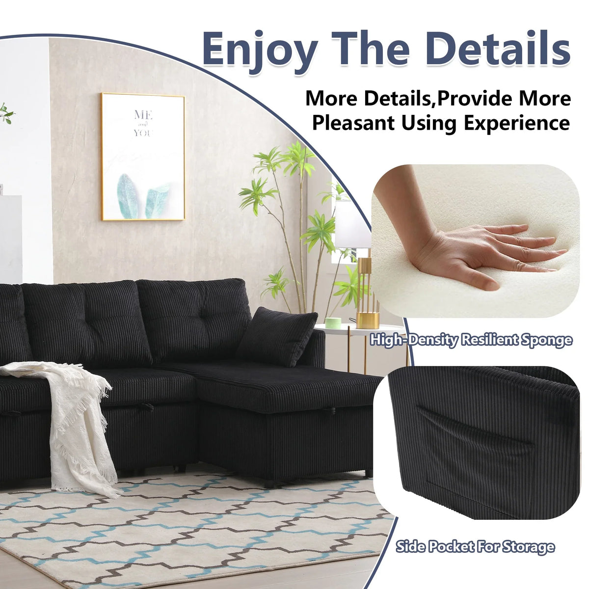 Villeston L-Shaped 3-Seat Sofa with Pull-Out Bed, with Storage Chaise Couch for Living Room, Chenille Fabric,Olive