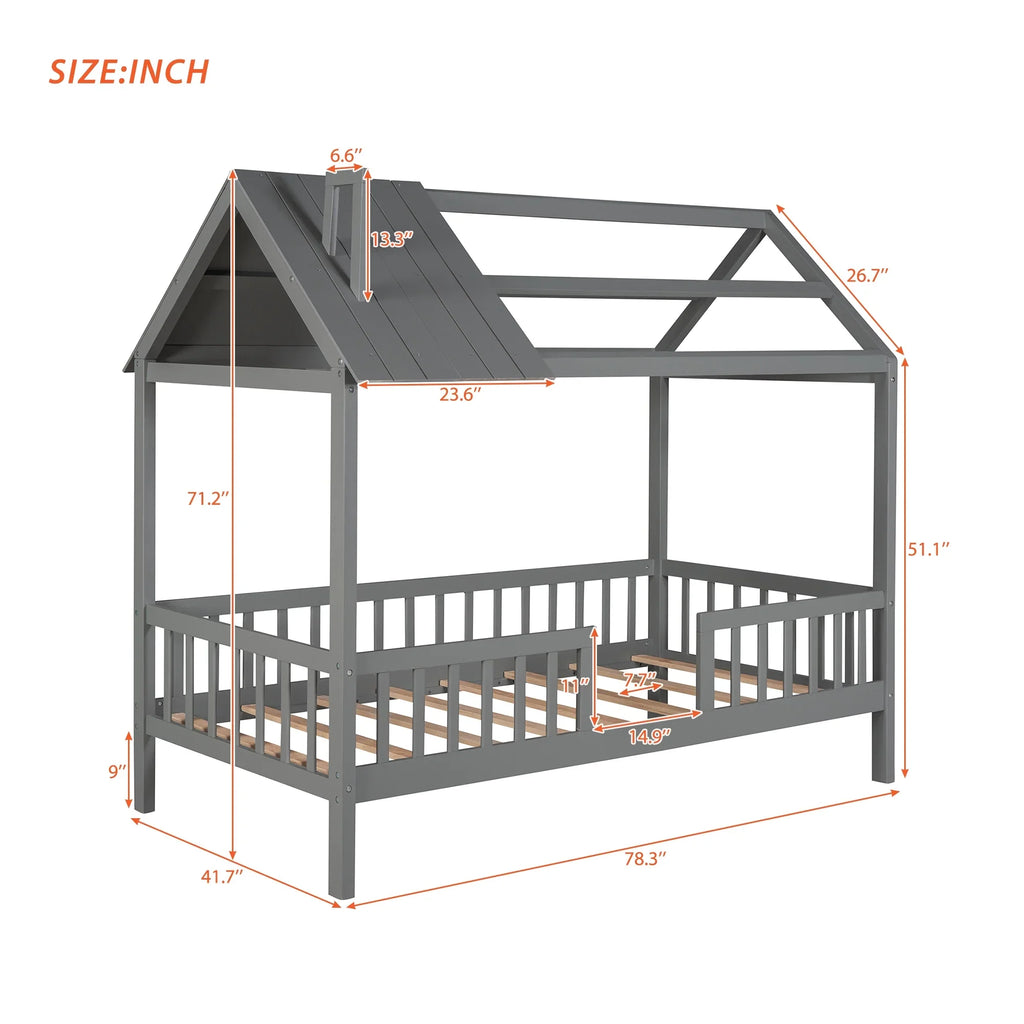 Euroco Twin Size Platform Bed, House Bed with Fence for Kids, Gray